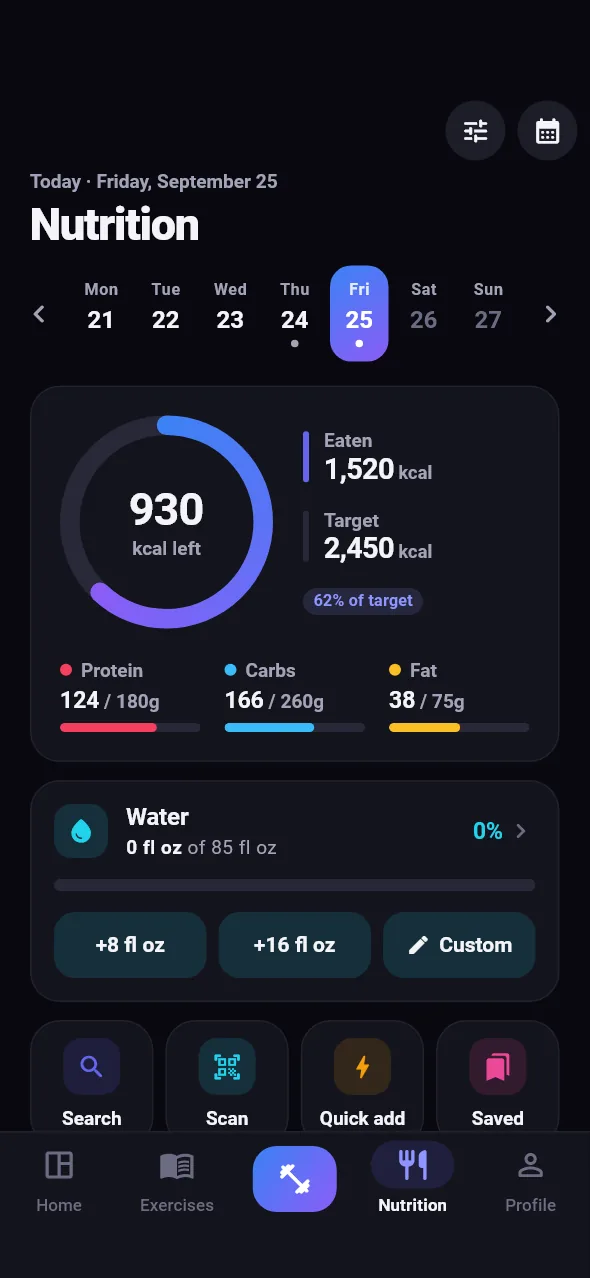 Food diary with calories and macros