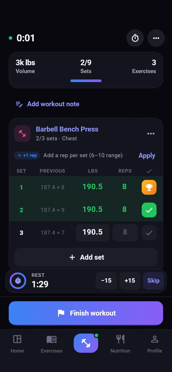 Logging sets during a workout